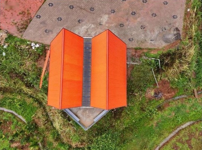 Aerial view of the A-frame rooftops